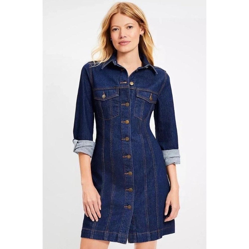 LOFT Dark Blue Long Sleeve Denim Dress